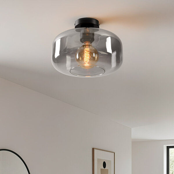 Taklampa Dome svart med rökfärgat glas