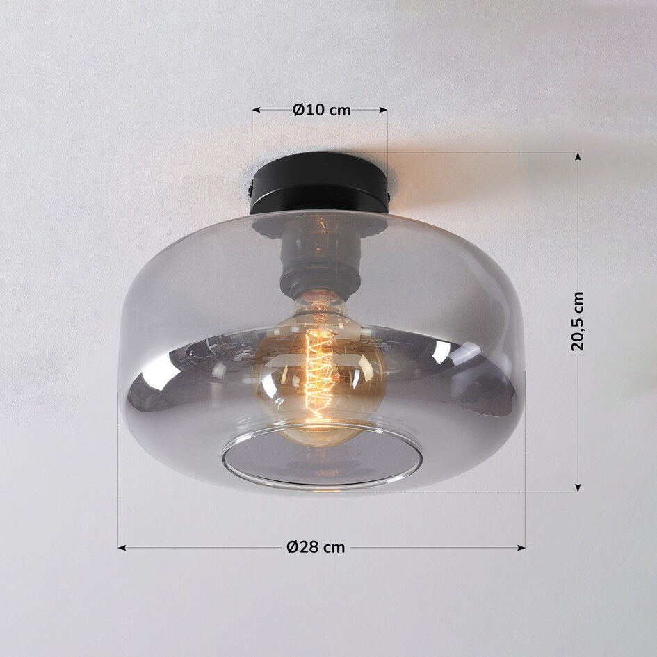 Taklampa Dome - svart och rökfärgat glas