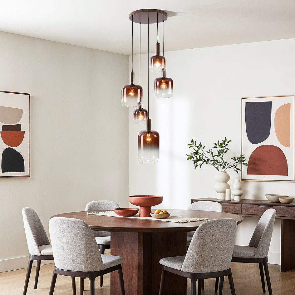 Pendellampa Rustique med fem lampor - brons och ljusbrunt glas