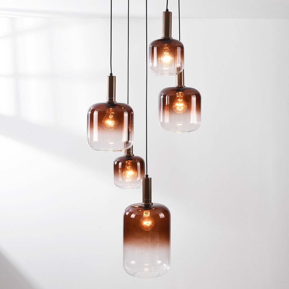Pendellampa Rustique med fem lampor - brons och ljusbrunt glas