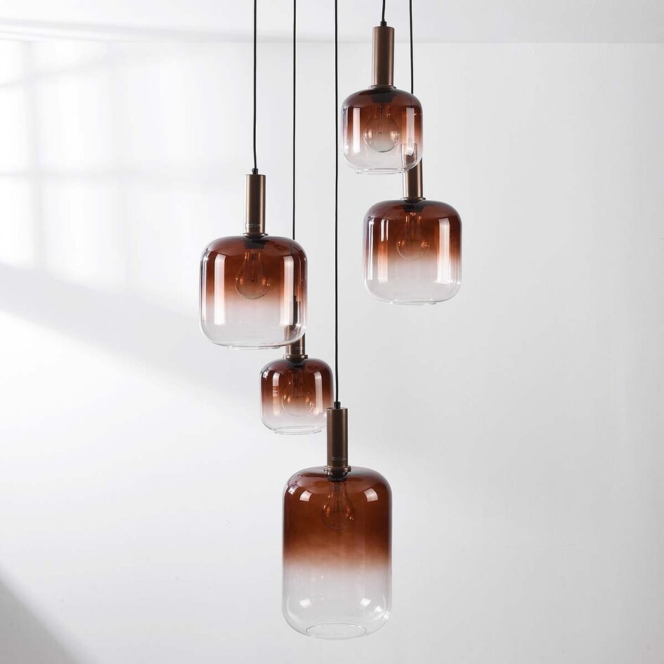 Pendellampa Rustique med fem lampor - brons och ljusbrunt glas