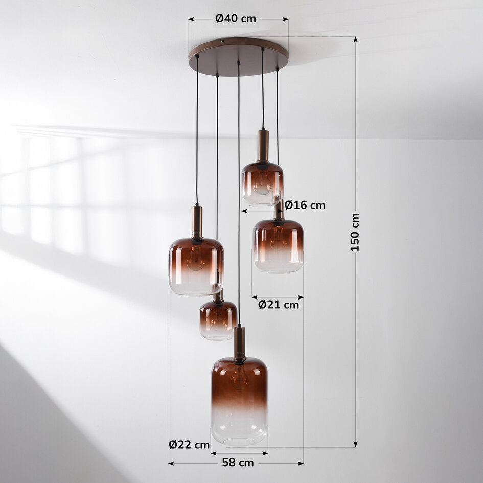 Pendellampa Rustique med fem lampor - brons och ljusbrunt glas