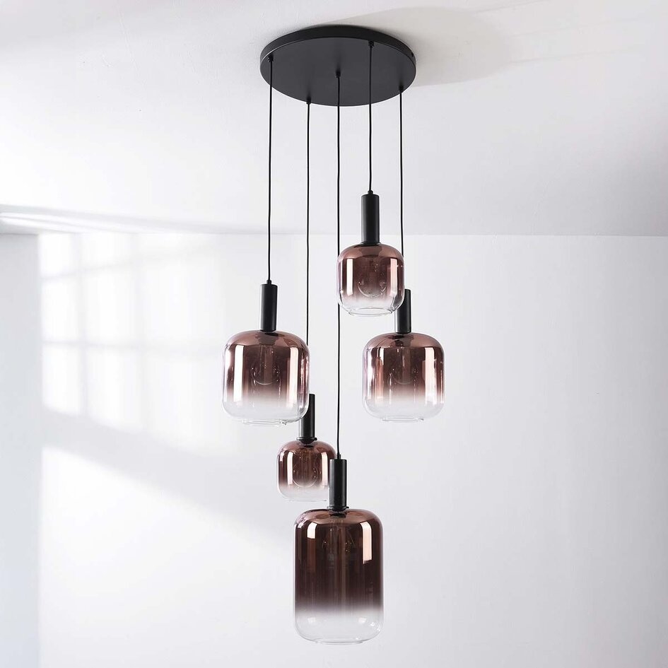 Pendellampa Rustique med fem lampor - svart och mörkbrunt glas