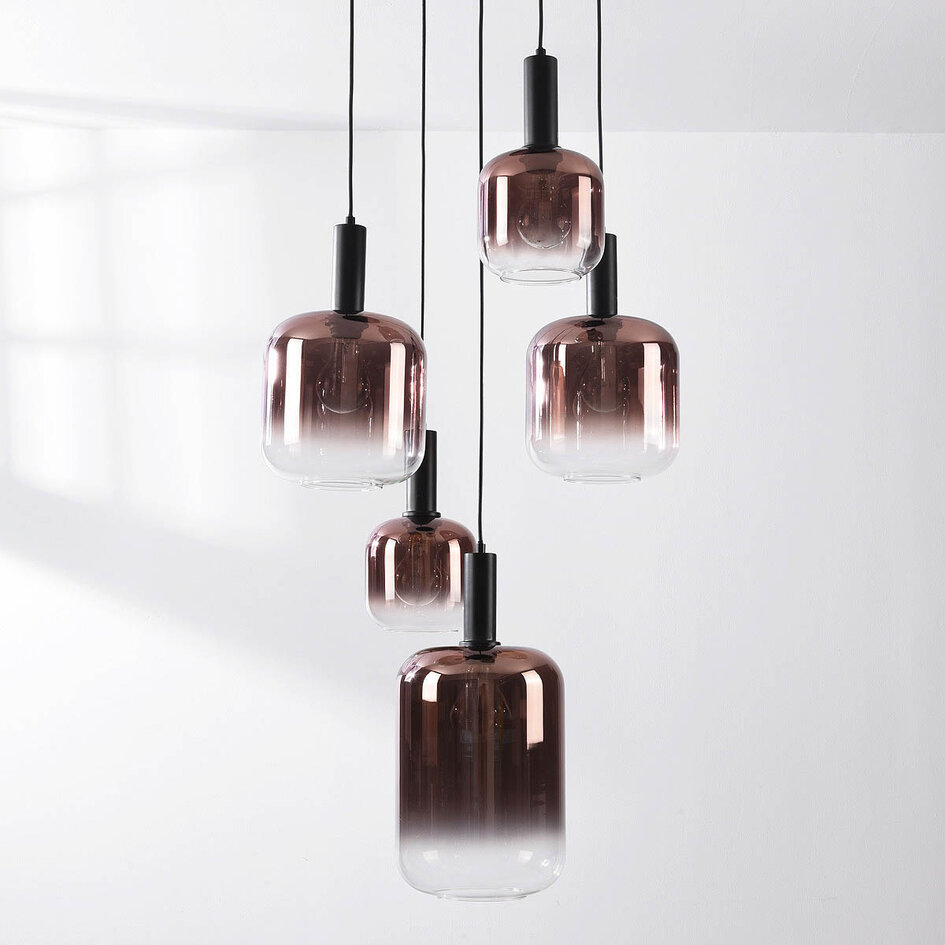 Pendellampa Rustique med fem lampor - svart och mörkbrunt glas