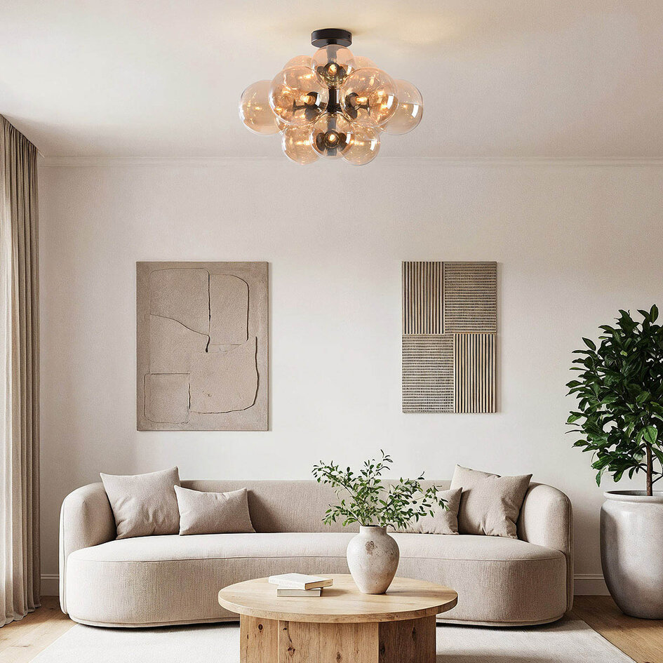 Taklampa Decora med tolv lampor - amberfärgat glas