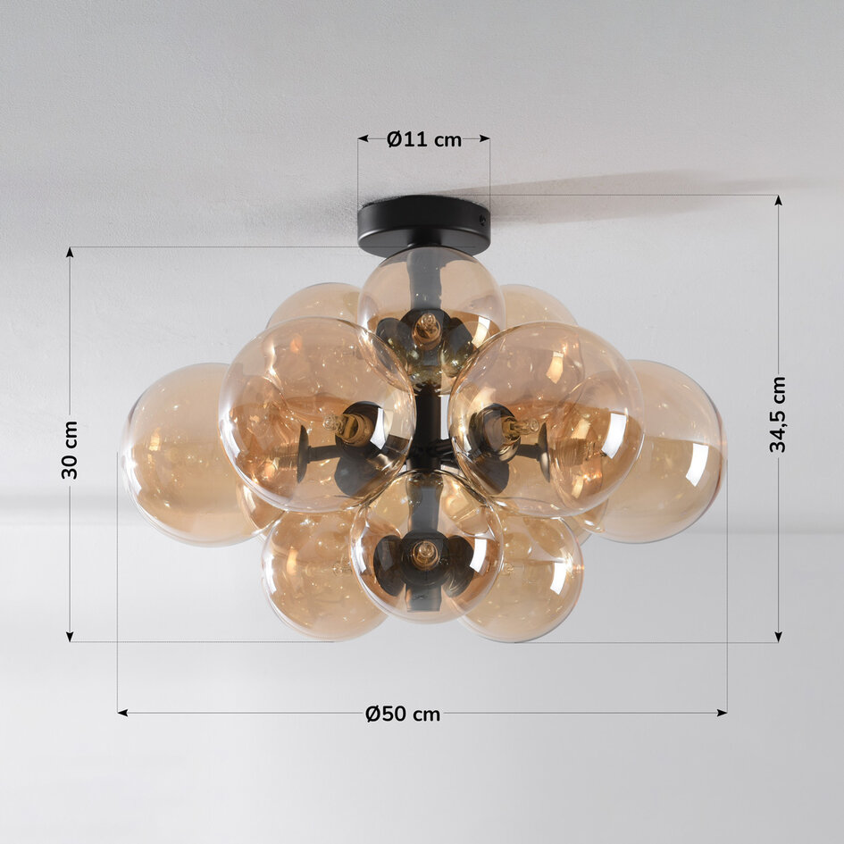 Taklampa Decora med tolv lampor - amberfärgat glas