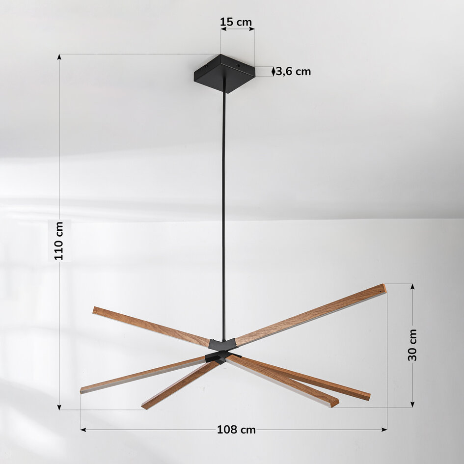Design taklampa Stellar med integrerade 3-stegs dimbara LED - trälook