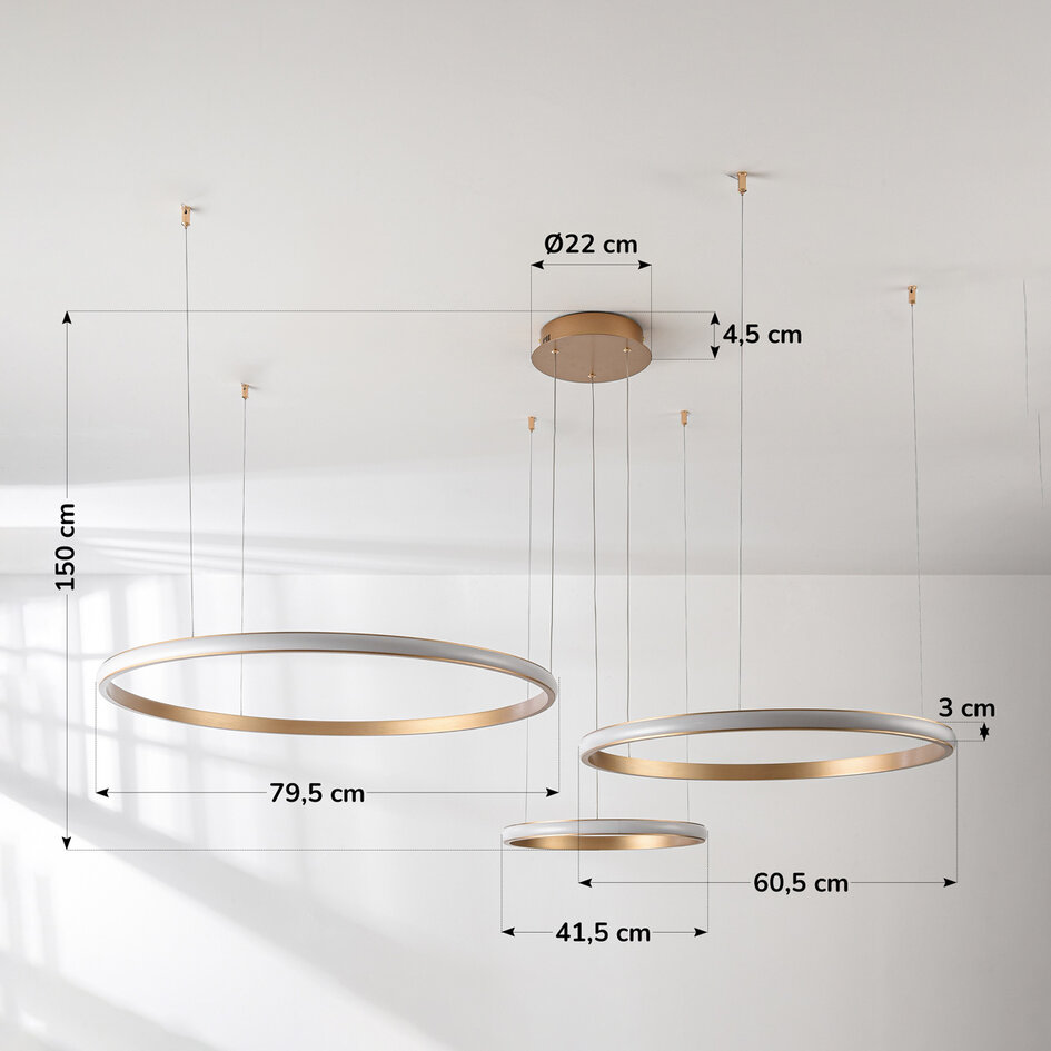 Designad pendellampa Seluna med tre 3-stegs dimbara ringar