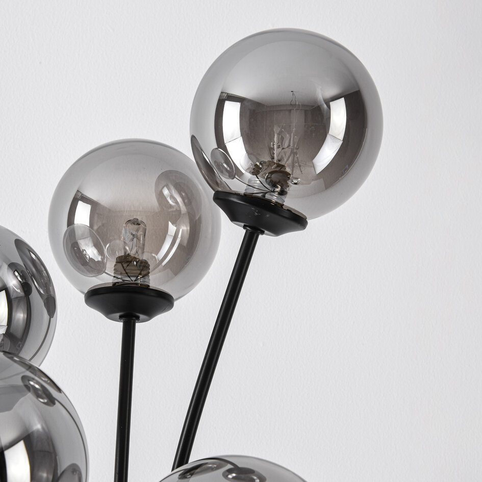 Golvlampa Claire i svart med rökfärgat glas, 5-ljus