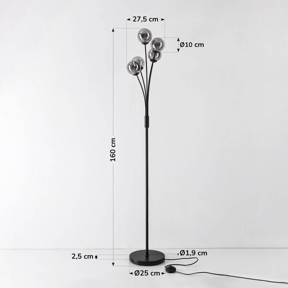 Golvlampa Claire i svart med rökfärgat glas, 5-ljus
