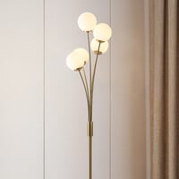 Modern golvlampa Claire med fem lampor i guld med mjölkvitt glas