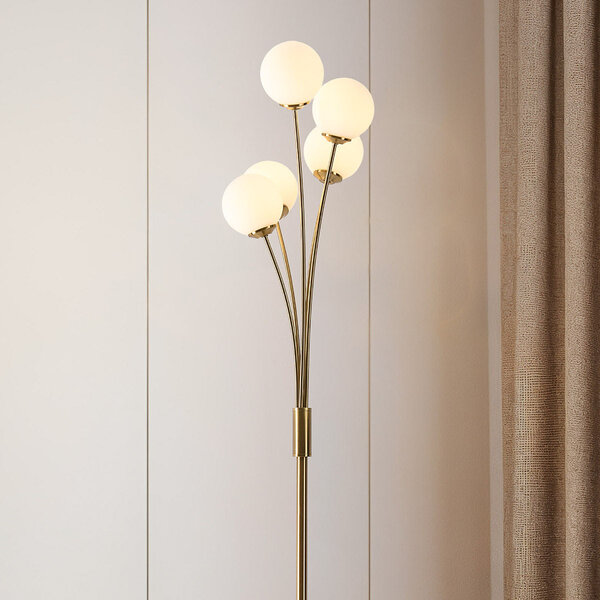 Modern golvlampa guld med mjölkvitt glas, 5-ljus - Claire