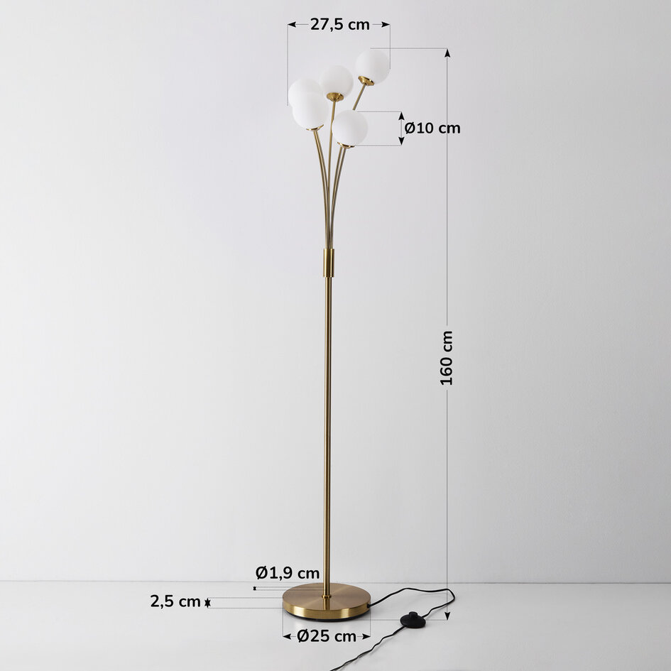 Modern golvlampa Claire med fem lampor i guld med mjölkvitt glas
