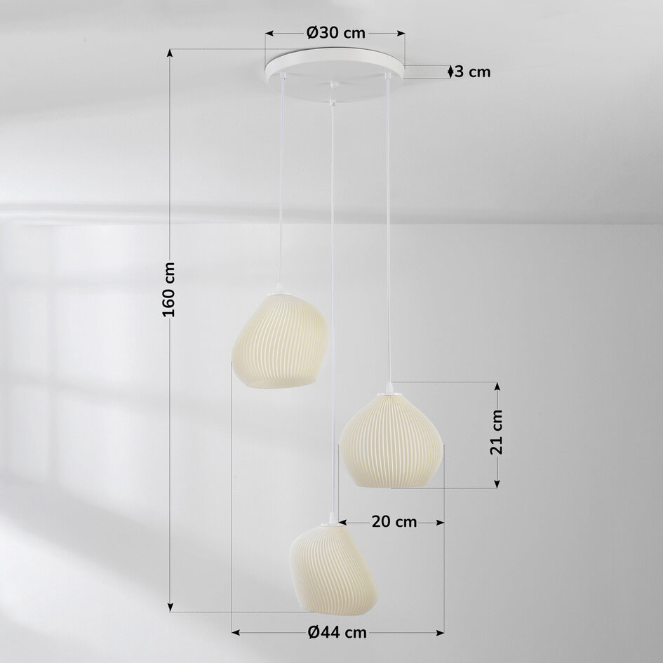 Pendellampa Dayin med tre lampor, 3D-printad - vågig design