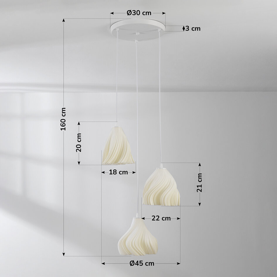 3-ljus pendellampa Inswa 3D-printad med vågig design