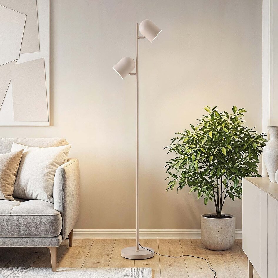 Golvlampa Iki i beige med 2 vridbara spotlights och integrerad LED