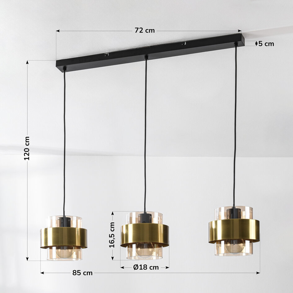 Pendellampa Faey med tre lampor - svart och amberfärgat glas