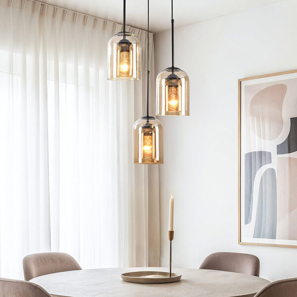 Design taklampa Turella 3-ljus med bärnstensfärgat glas