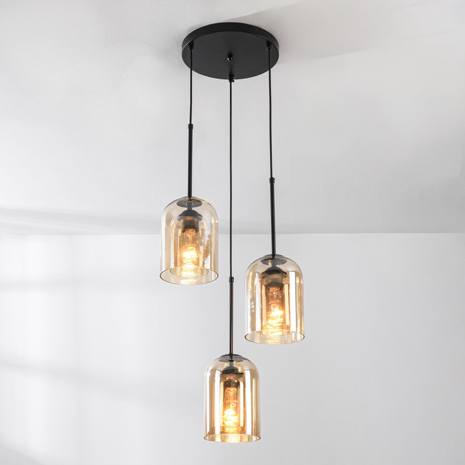 Pendellampa Turella med tre lampor - amberfärgat glas