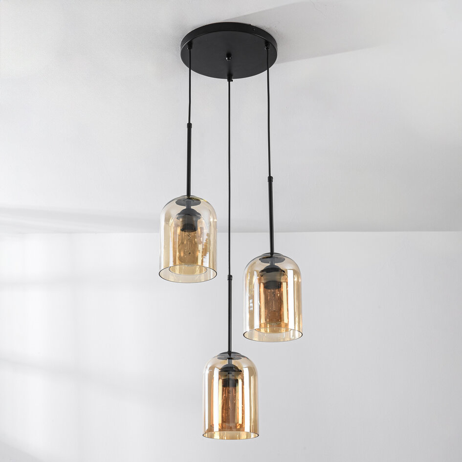 Pendellampa Turella med tre lampor - amberfärgat glas