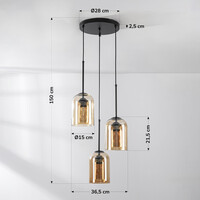 Pendellampa Turella med tre lampor - amberfärgat glas