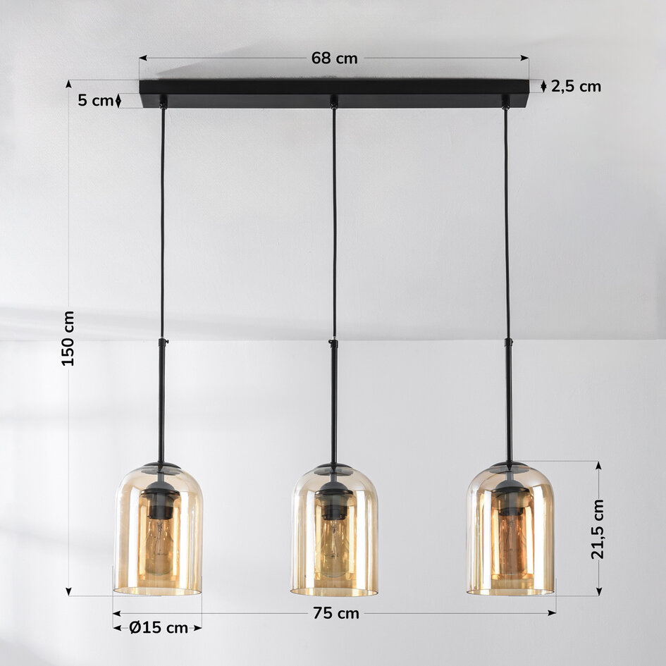 Pendellampa Tovano med tre lampor - amberfärgat glas