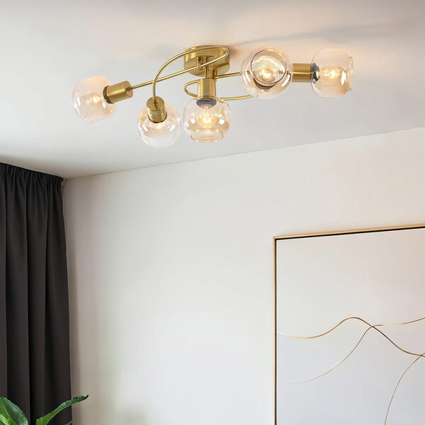 Taklampa Globe 5-ljus med bärnstensfärgat glas
