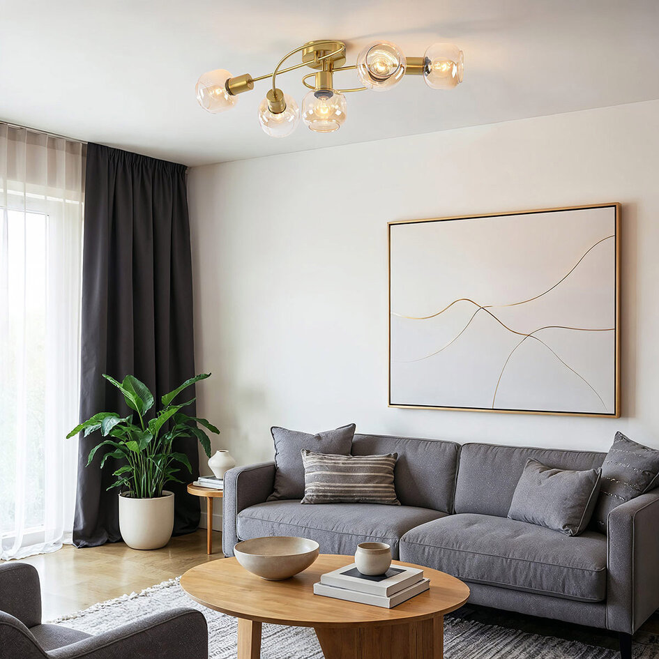 Taklampa Globe med fem lampor - guld och amberfärgat glas