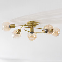 Taklampa Globe med fem lampor - guld och amberfärgat glas