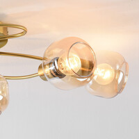 Taklampa Globe med fem lampor - guld och amberfärgat glas