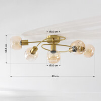 Taklampa Globe med fem lampor - guld och amberfärgat glas