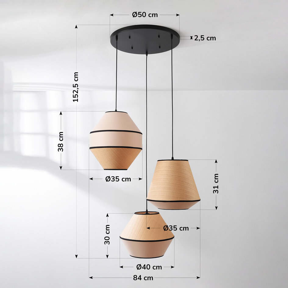 3-ljus Japandi taklampa Rep med naturliga skärmar av tyg och flätat rep