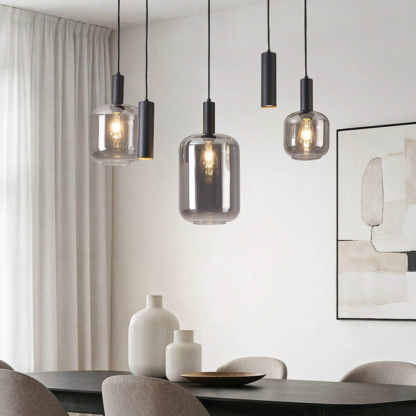 Modern taklampa Yoku svart med rökglas, 5-ljus