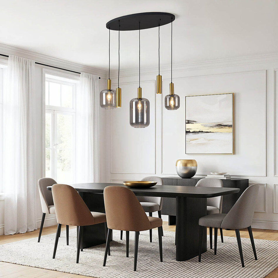 Pendellampa Yoku med fem lampor - guld och rökglas