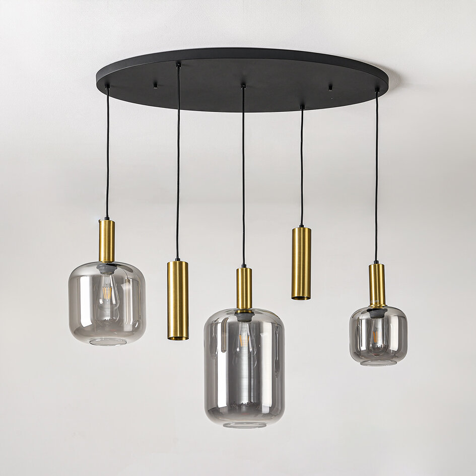 Pendellampa Yoku med fem lampor - guld och rökglas