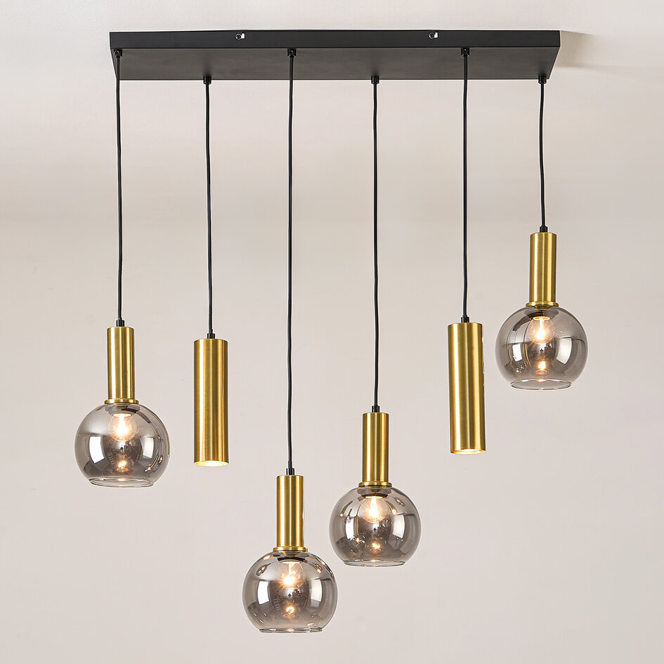 Pendellampa Doku med sex lampor - guld och rökglas