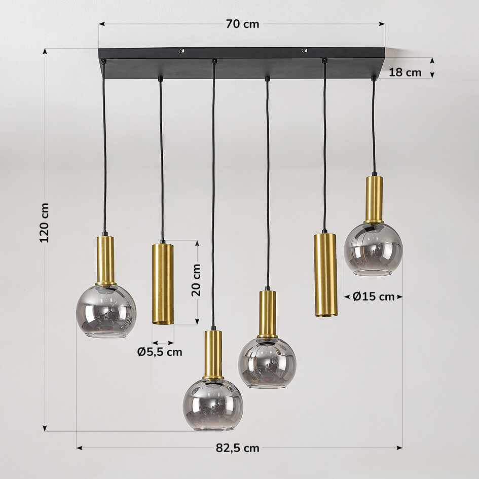 Pendellampa Doku med sex lampor - guld och rökglas