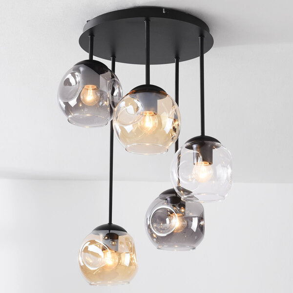Design taklampa Glo med 5 glaskulor – rökfärgat, bärnstensfärgat och klart glas