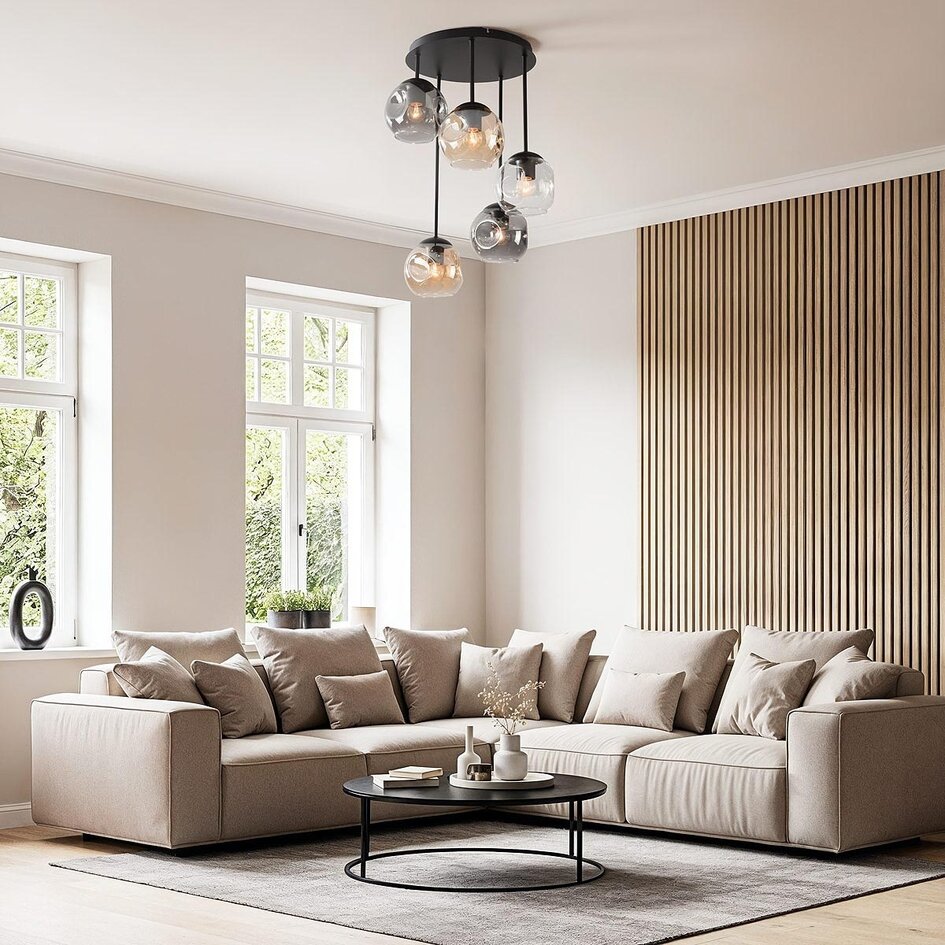 Design taklampa Glo med 5 glaskulor – rökfärgat, bärnstensfärgat och klart glas
