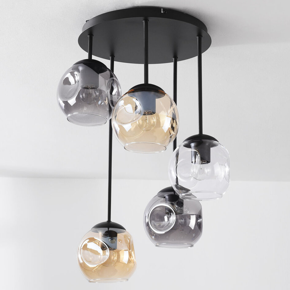 Design taklampa Glo med 5 glaskulor – rökfärgat, bärnstensfärgat och klart glas