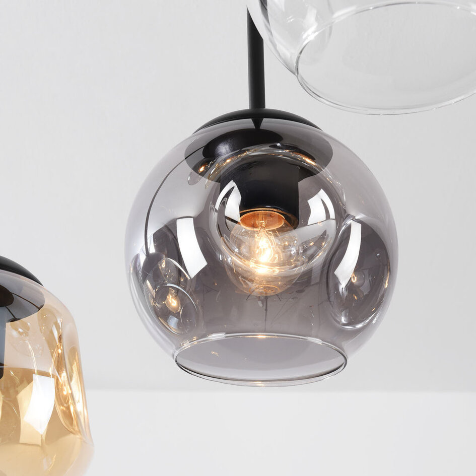 Design taklampa Glo med 5 glaskulor – rökfärgat, bärnstensfärgat och klart glas