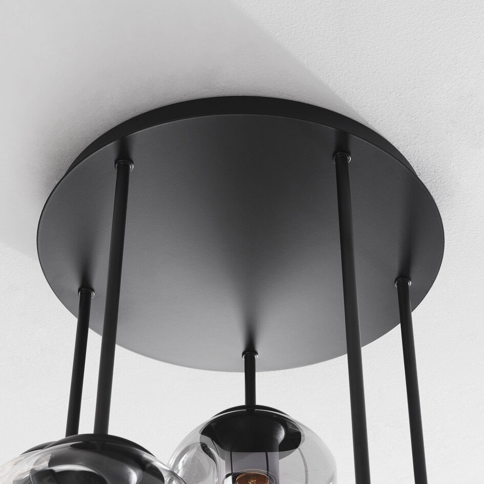 Design taklampa Glo med 5 glaskulor – rökfärgat, bärnstensfärgat och klart glas
