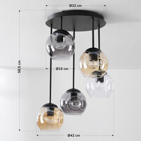 Design taklampa Glo med 5 glaskulor – rökfärgat, bärnstensfärgat och klart glas