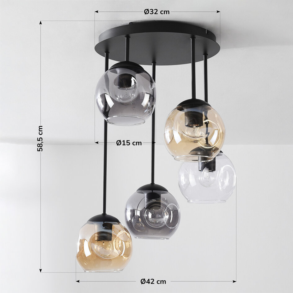 Design taklampa Glo med 5 glaskulor – rökfärgat, bärnstensfärgat och klart glas