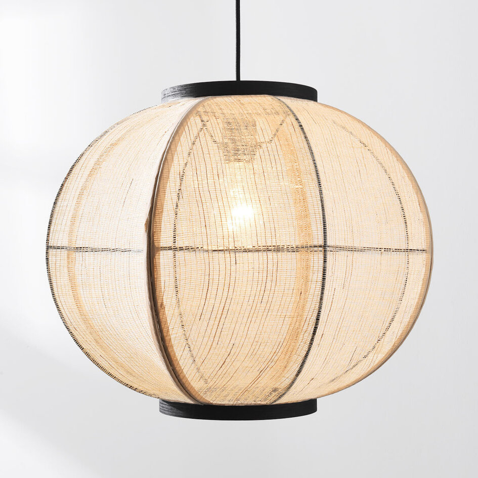 Japandi-pendellampa Chairo - naturellt linne och svart trä