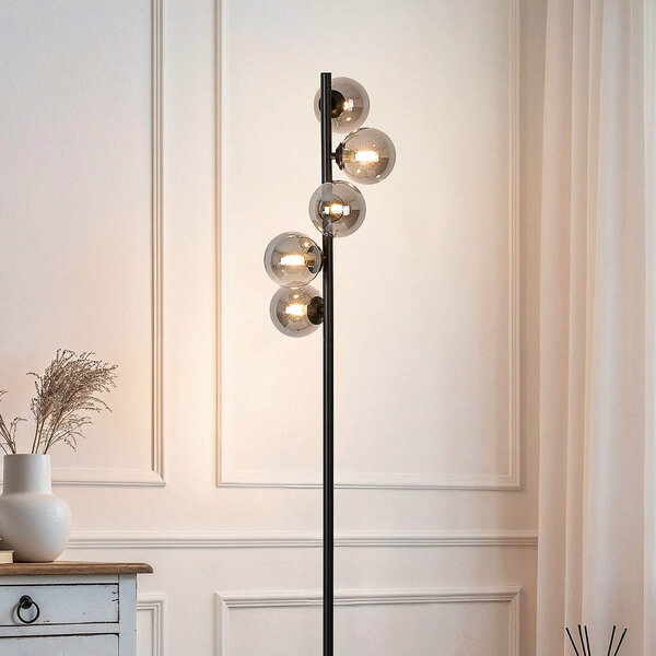 Golvlampa Tyson svart med rökfärgat glas, 5-ljus