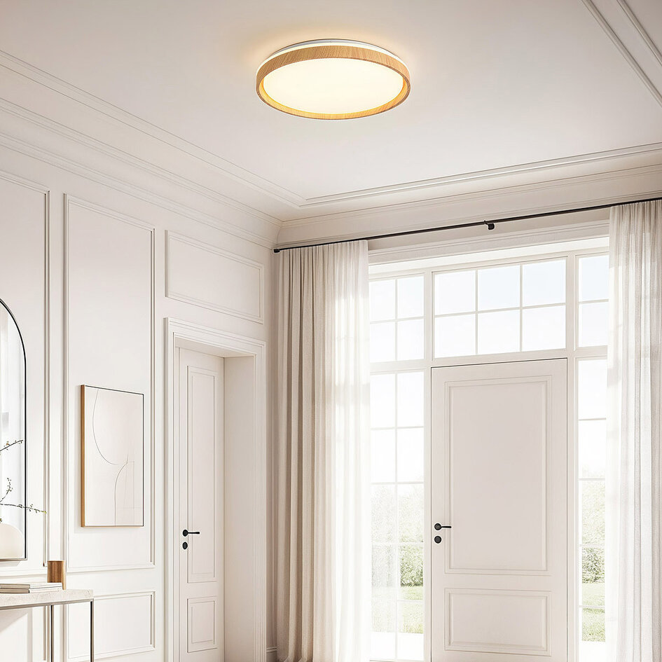 LED-taklampa Britta, 3-stegs dimbar Ø30 cm - vit med träaccent
