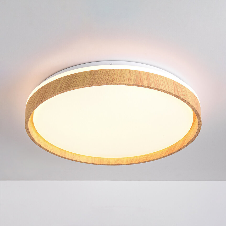 LED-taklampa Britta, 3-stegs dimbar Ø30 cm - vit med träaccent
