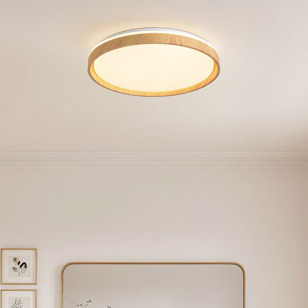 Japandi taklampa Britta med integrerad LED och 3-stegs dimbar Ø48,5 cm - vit med träaccent