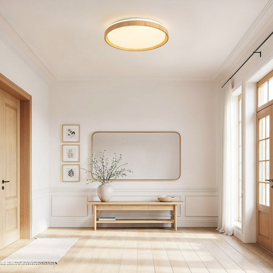 LED-taklampa Britta, 3-stegs dimbar Ø48,5 cm - vit med träaccent